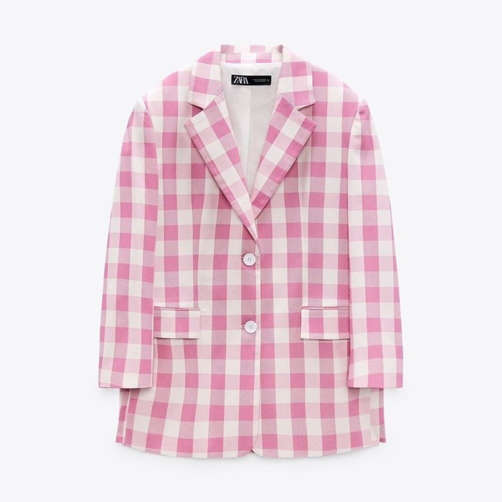 Zara Pink + White Plaid Patterned Summer Blazer Suit Jacket Women's Size XS NWT!